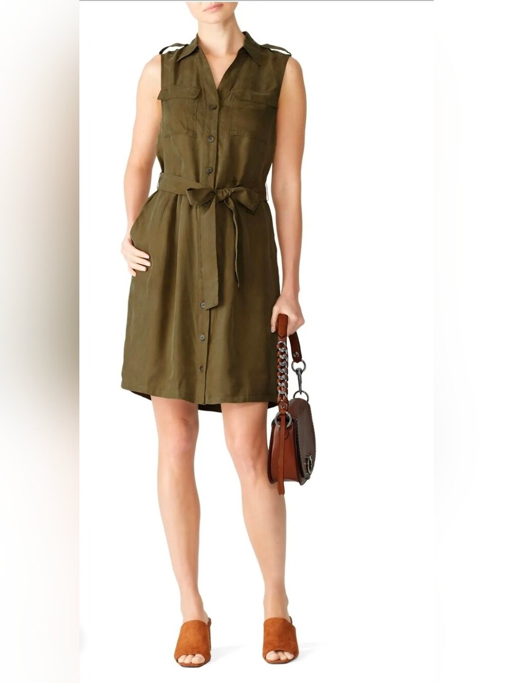 Slate & Willow Women’s Olive Green Utility Cargo Shirt Dress 4